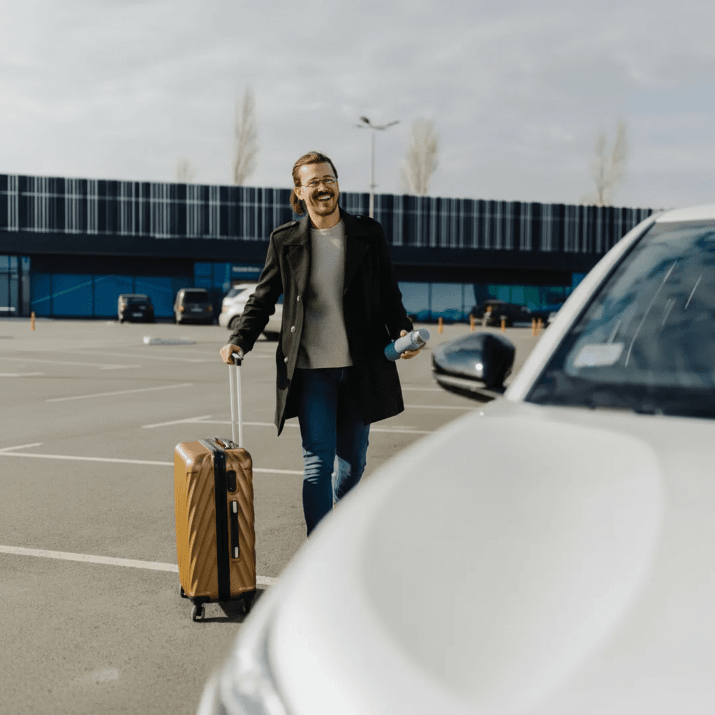 Traveler walking toward a rental car with luggage